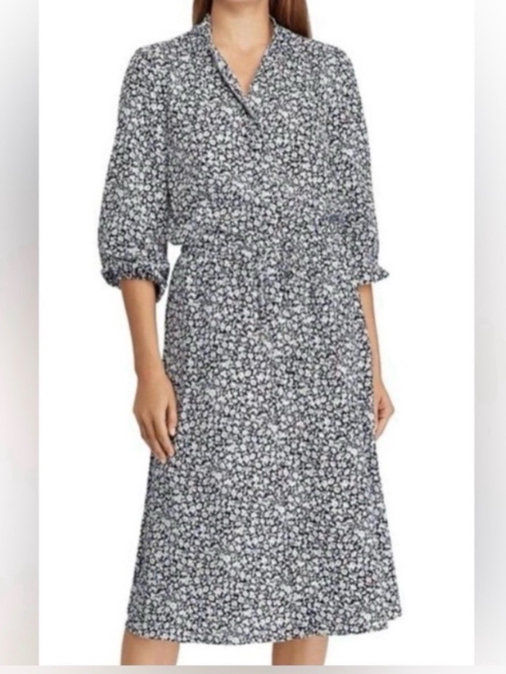 Lauren Ralph Lauren Floral Crepe Midi Shirtdress Navy White 3/4 Sleeve Sz 4